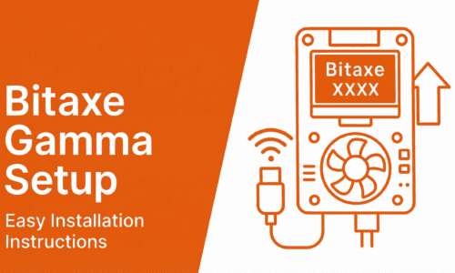 Bitaxe Gamma setup banner showing miner illustration and installation instructions