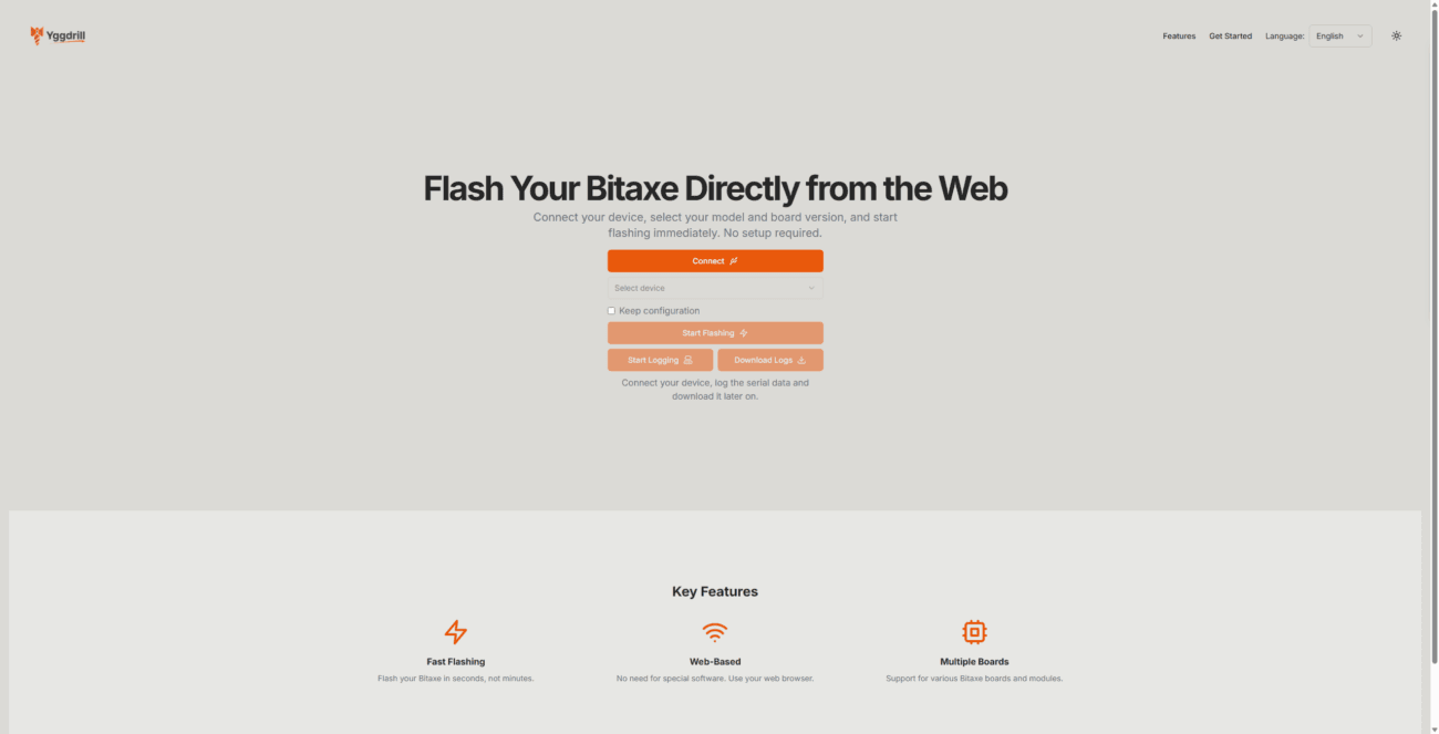 Bitaxe web flasher interface for flashing Bitaxe Bitcoin miners directly from a web browser